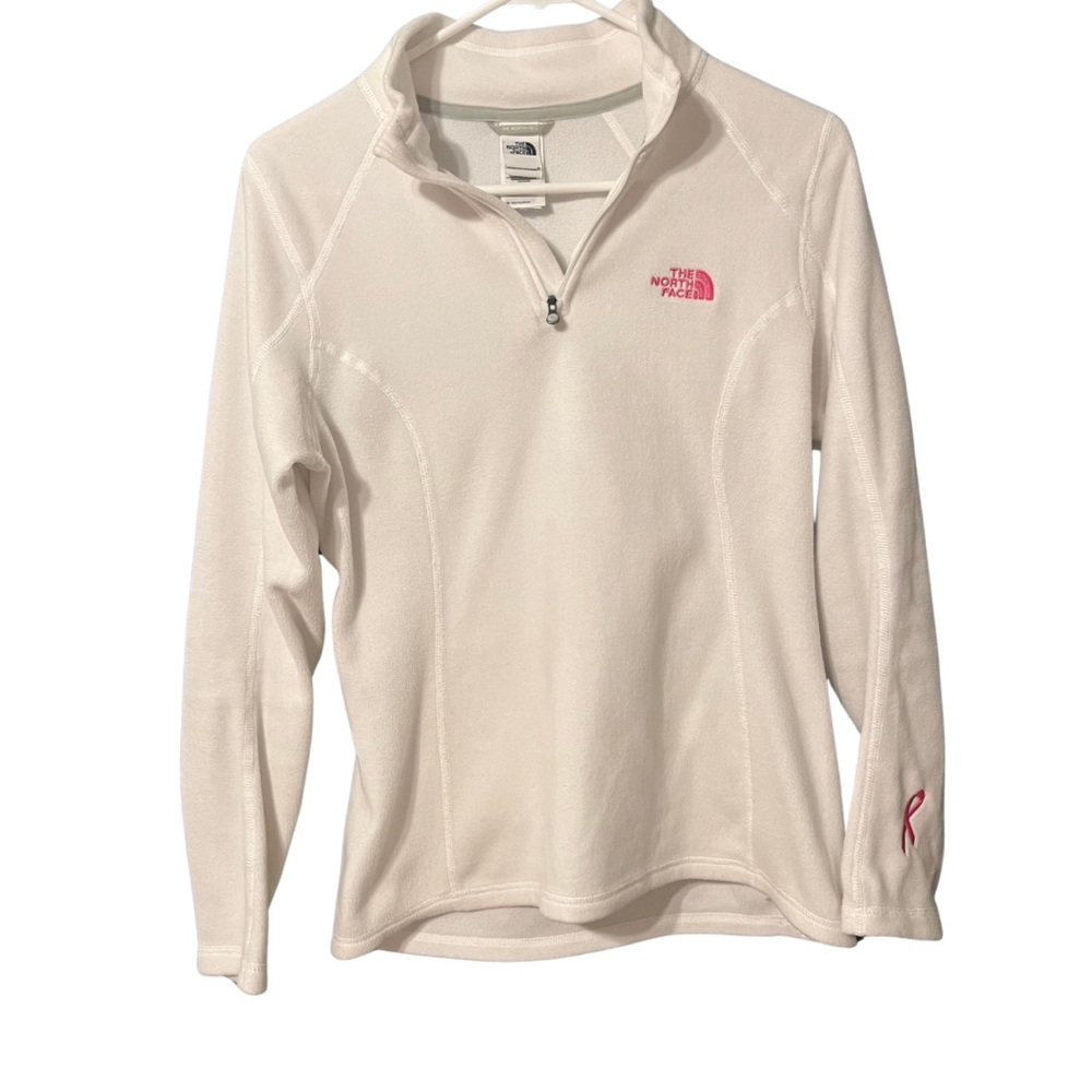 North Face quarter-zip with pink lettering